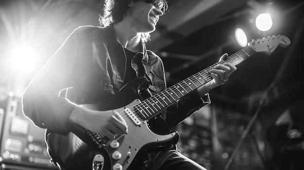 Foto grátis vista monocromática de uma pessoa tocando guitarra elétrica