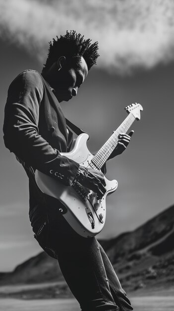 Vista monocromática de uma pessoa tocando guitarra elétrica