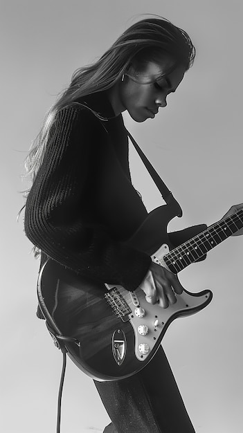 Vista monocromática de uma pessoa tocando guitarra elétrica