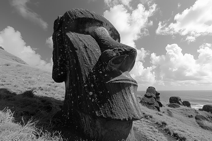 Foto grátis vista monocromática do gigante da ilha de páscoa para o dia do patrimônio mundial