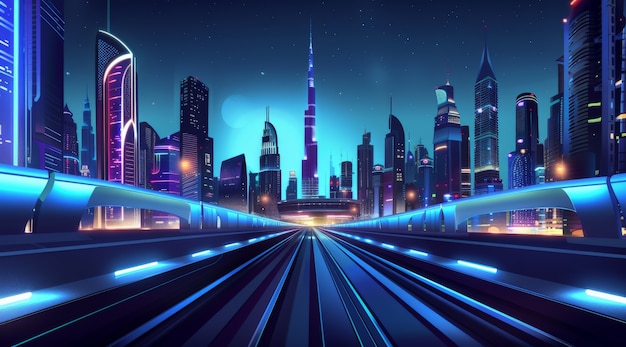 Vista panorâmica da cidade de Dubai iluminada em um espectro de néon