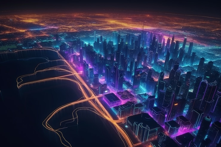 Foto grátis vista panorâmica da cidade de dubai iluminada em um espectro de néon