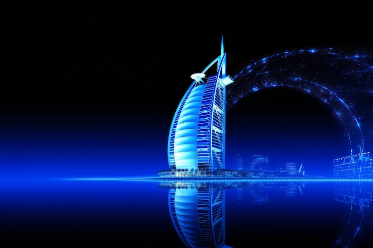 Foto grátis vista panorâmica da cidade de dubai iluminada em um espectro de néon