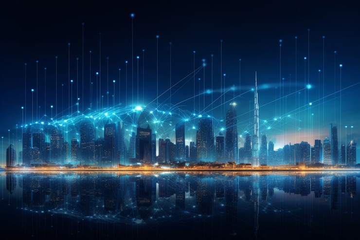 Foto grátis vista panorâmica da cidade de dubai iluminada em um espectro de néon