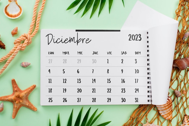 Foto grátis vista superior 2023 calendário de dezembro com folhas