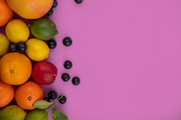 Vista superior cópia espaço fruta mix toranja laranja limões limão ameixa cereja ameixa e pêssego no fundo rosa