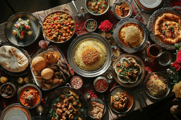 Vista superior da celebração do eid al-fitr com comida deliciosa