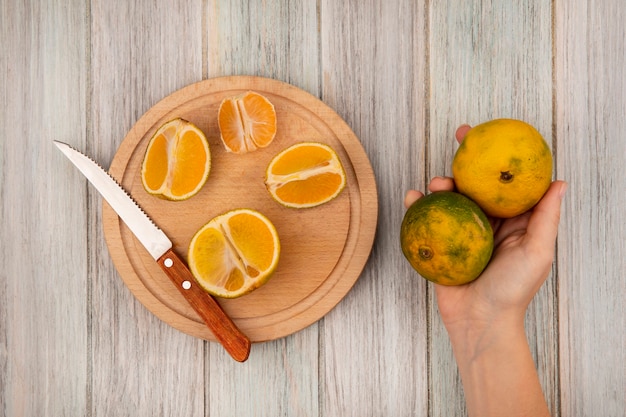 Foto grátis vista superior da mão feminina segurando uma tangerina com meias tangerinas isoladas em uma placa de cozinha de madeira com uma faca em uma superfície de madeira cinza