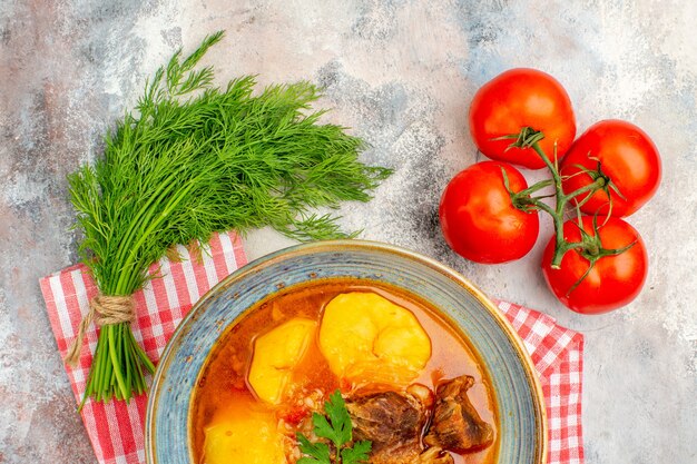 Vista superior da sopa bozbash com um monte de tomates de endro em fundo nude