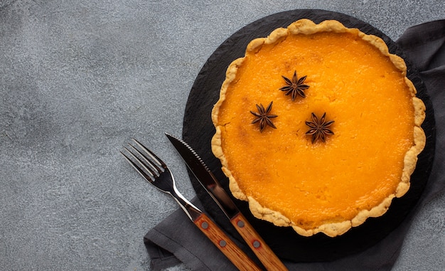 Vista superior da torta de abóbora deliciosa