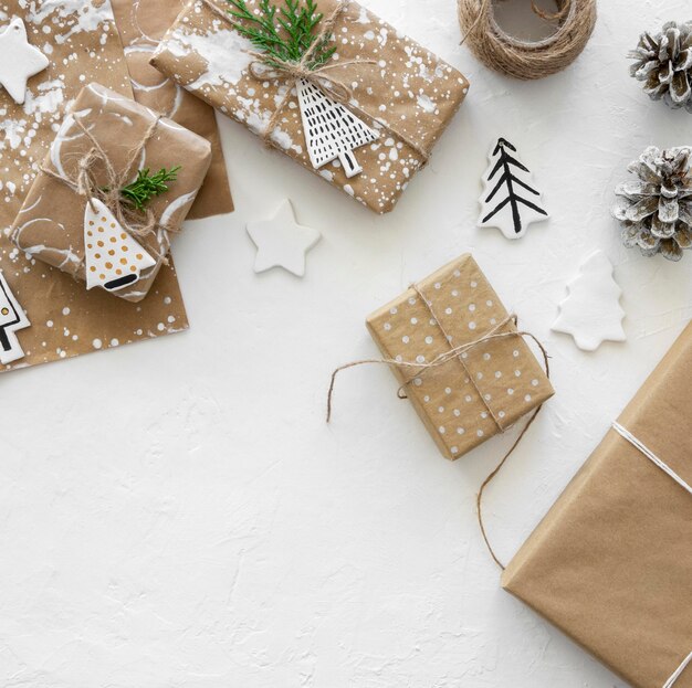 Vista superior das caixas de presente de natal