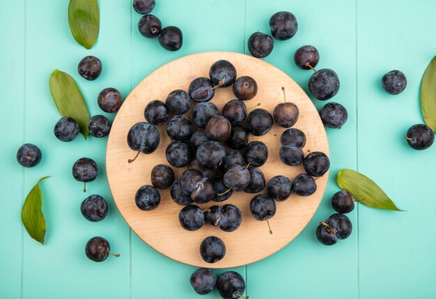 Vista superior das pequenas chalupas de frutas azedas em uma placa de cozinha de madeira sobre um fundo azul