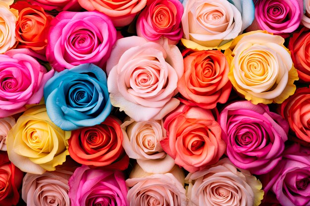 Vista superior de belos arranjos de rosas
