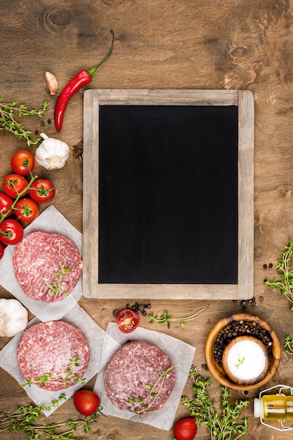 Foto grátis vista superior de carne com ervas e quadro-negro