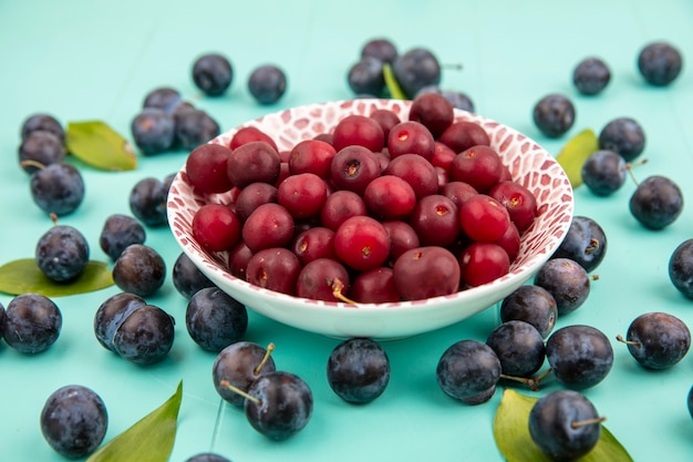 Vista superior de deliciosas cerejas em uma tigela com pequenas abrunhas roxas escuras em um fundo azul