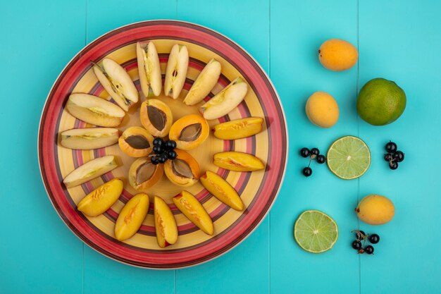 Vista superior de fatias de damasco com maçãs e pêssego em um prato com limão e groselha preta em uma superfície azul