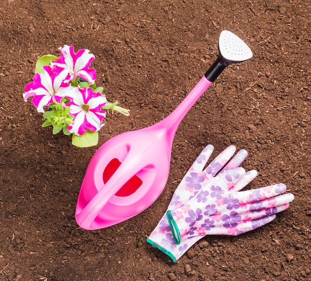 Foto grátis vista superior de ferramentas de jardinagem no chão
