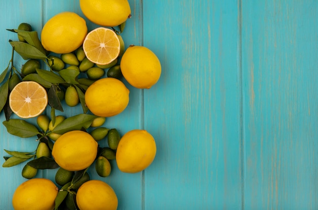 Vista superior de frutas verdes e amarelas, como kinkans e limões, isolados em uma parede de madeira azul com espaço de cópia
