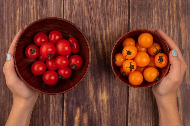 Foto grátis vista superior de mãos femininas segurando uma tigela de tomate cereja fresco em uma mão e na outra uma tigela de tomate cereja laranja em uma superfície de madeira