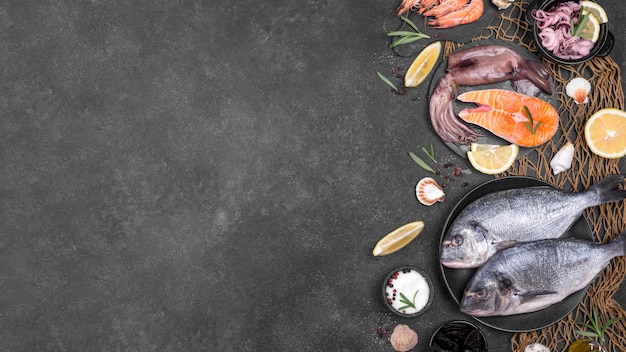 Vista superior de peixes e ingredientes espaço de cópia