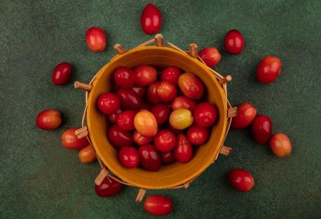 Foto grátis vista superior de pequenas cerejas ácidas da cornalina em um balde com cerejas da cornalina isoladas em uma parede verde