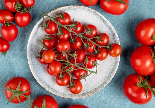 Vista superior de pequenos tomates no prato com outros na superfície azul