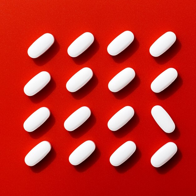 Vista superior de pílulas bem organizadas, exceto uma