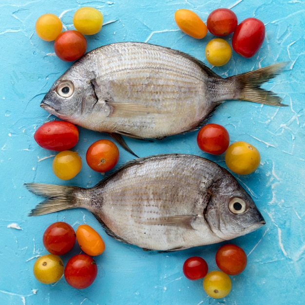 Foto grátis vista superior de um par de peixes com tomates