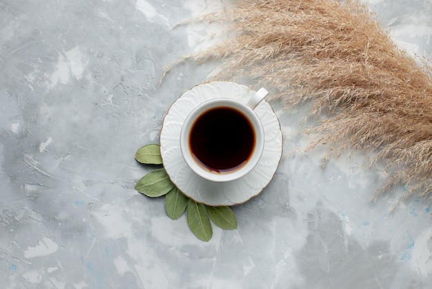 Vista superior de uma xícara de chá quente dentro de uma xícara branca na luz, cerimônia de café da manhã com bebida de chá