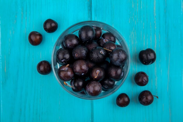 Foto grátis vista superior de uvas pretas em uma tigela e sobre fundo azul