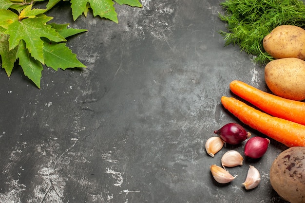 Vista superior de vegetais frescos com folhas verdes em superfície cinza