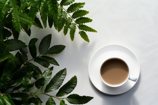Vista superior deliciosa xícara de café com plantas