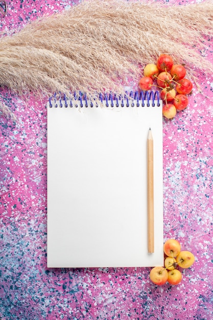 Foto grátis vista superior do bloco de notas vazio com caneta na superfície rosa claro