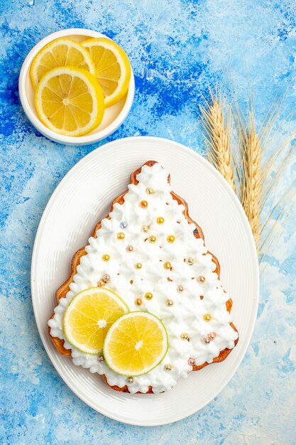 Vista superior do bolo da árvore de natal rodelas de limão no prato na mesa azul