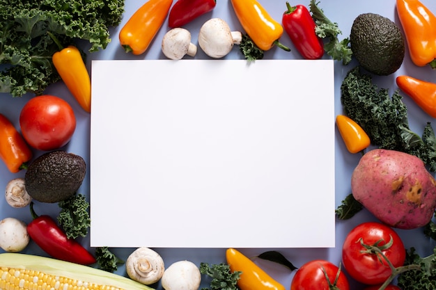 Foto grátis vista superior do mix de vegetais com retângulo em branco