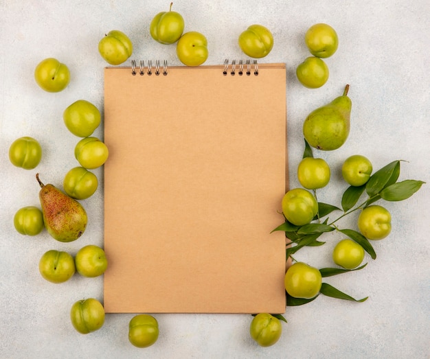 Foto grátis vista superior do padrão de frutas como ameixa e pêra com folhas ao redor do bloco de notas no fundo branco com espaço de cópia