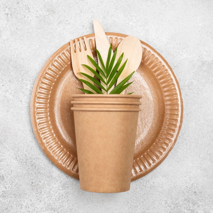 Foto grátis vista superior dos utensílios de mesa descartáveis ecológicos