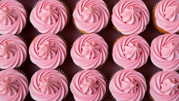 Vista superior em deliciosos cupcakes rosa