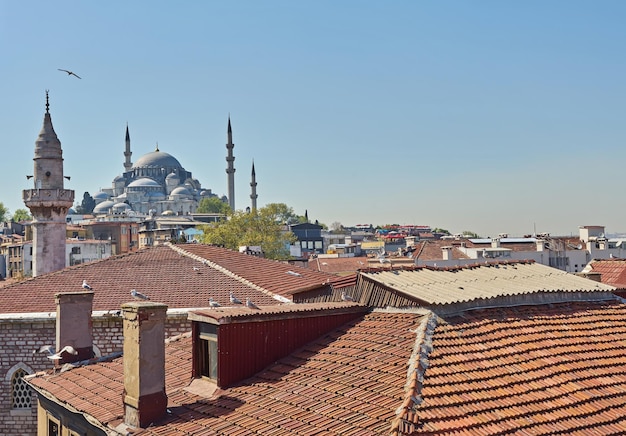 Vista surpreendente de Istambul Bela vista do centro histórico de Istambul Paisagem matinal chuvosa Telhados de edifícios e minaretes da mesquita