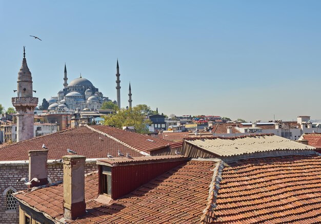 Vista surpreendente de Istambul Bela vista do centro histórico de Istambul Paisagem matinal chuvosa Telhados de edifícios e minaretes da mesquita