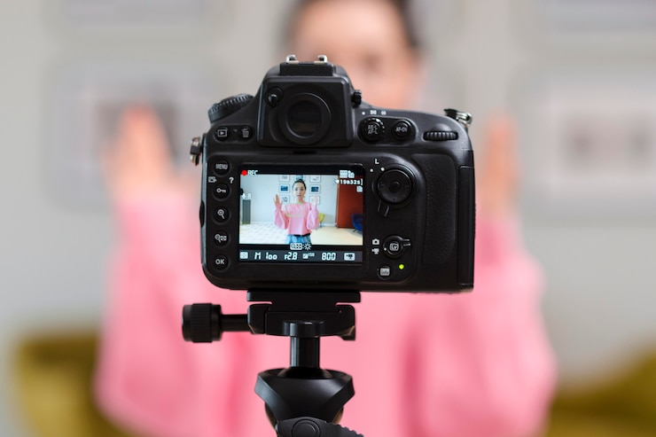 Foto grátis vista traseira blogger profissional de gravação de câmera
