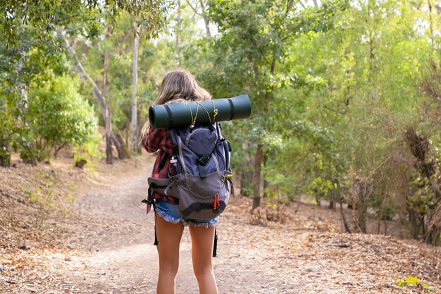 Vista traseira da mulher caminhando na natureza com a mochila ao longo da estrada da floresta. Mulher caucasiana, caminhando ou caminhando na floresta. Conceito de turismo, aventura e férias de verão