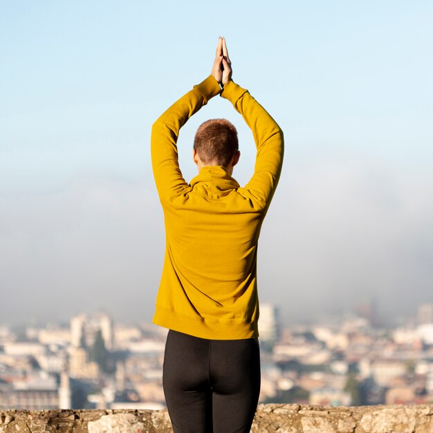 Vista traseira da mulher meditando