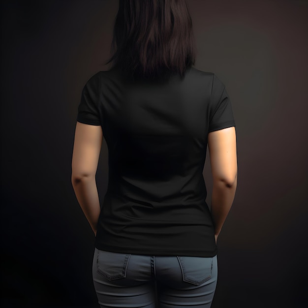 Foto grátis vista traseira de mulher em camisa preta em branco em fundo preto