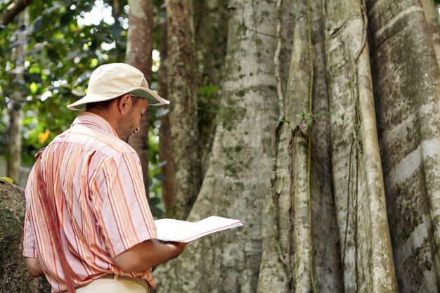 Vista traseira de um biólogo ou botânico do sexo masculino usando chapéu e camisa em frente a uma árvore gigantesca com um caderno nas mãos, fazendo pesquisas, testando as condições ambientais na floresta tropical