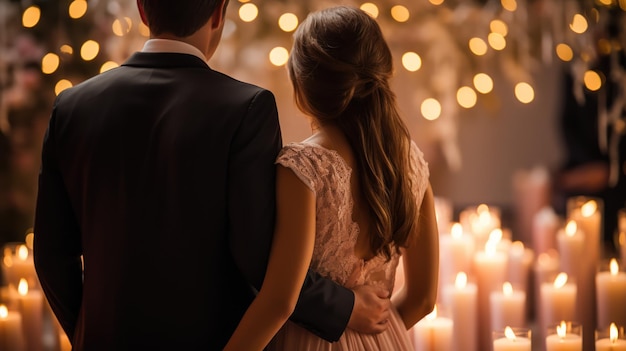 Foto grátis vista traseira de um casal de mãos dadas olhando para as velas de casamento