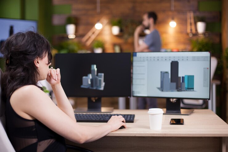 Foto grátis vista traseira do líder do projeto trabalhando em seu computador. mulher freelancer usando tecnologia moderna em seu escritório.