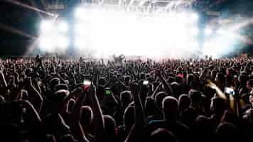 Foto grátis vista traseira do público animado com os braços levantados torcendo na frente do palco no concerto de música copiar espaço