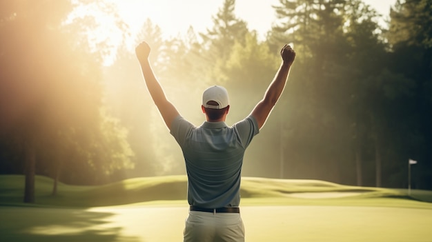 Vista traseira homem jogando golfe na natureza