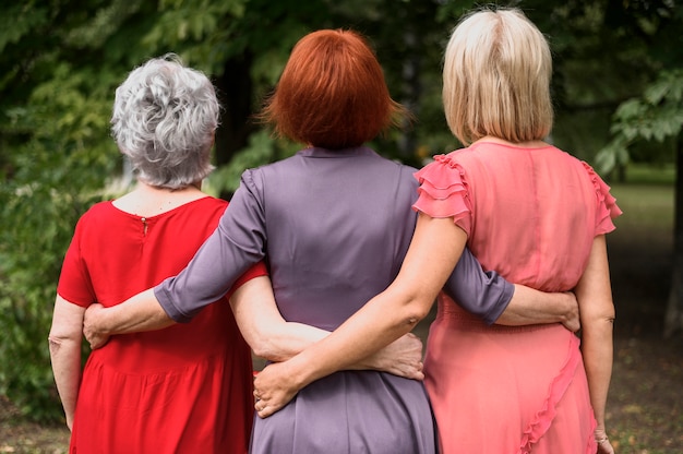 Vista traseira, mulheres sênior, junto